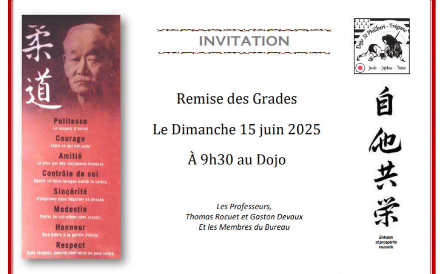 DIMANCHE 15 JUIN 2025 : REMISE DES GRADES ET REPAS DE FIN DE SAISON à 9H30 au Dojo