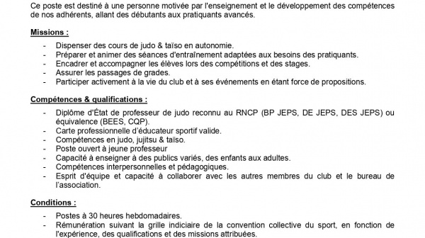 [OFFRE D’EMPLOI] – Professeur de Judo & Taïso